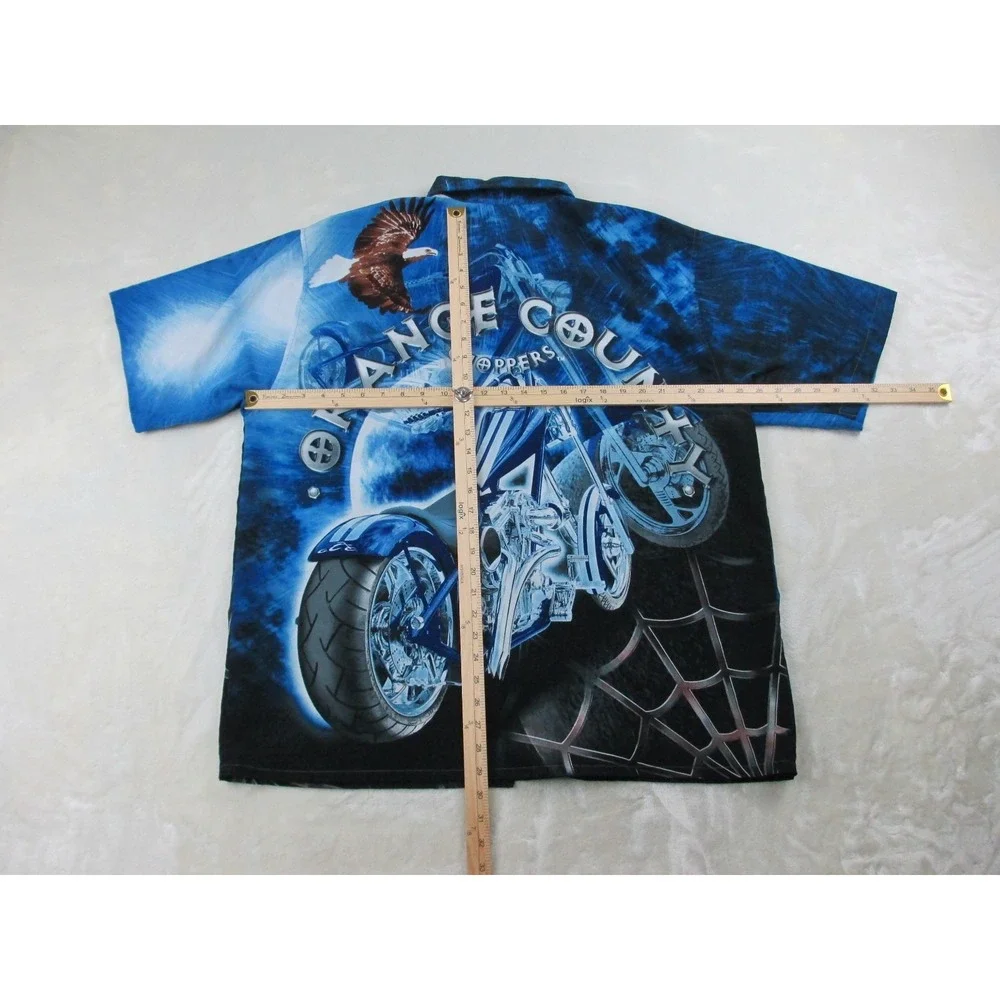 VINTAGE Orange County Choppers Shirt Mens 2XL XXL Blue All Over Print Button Up*